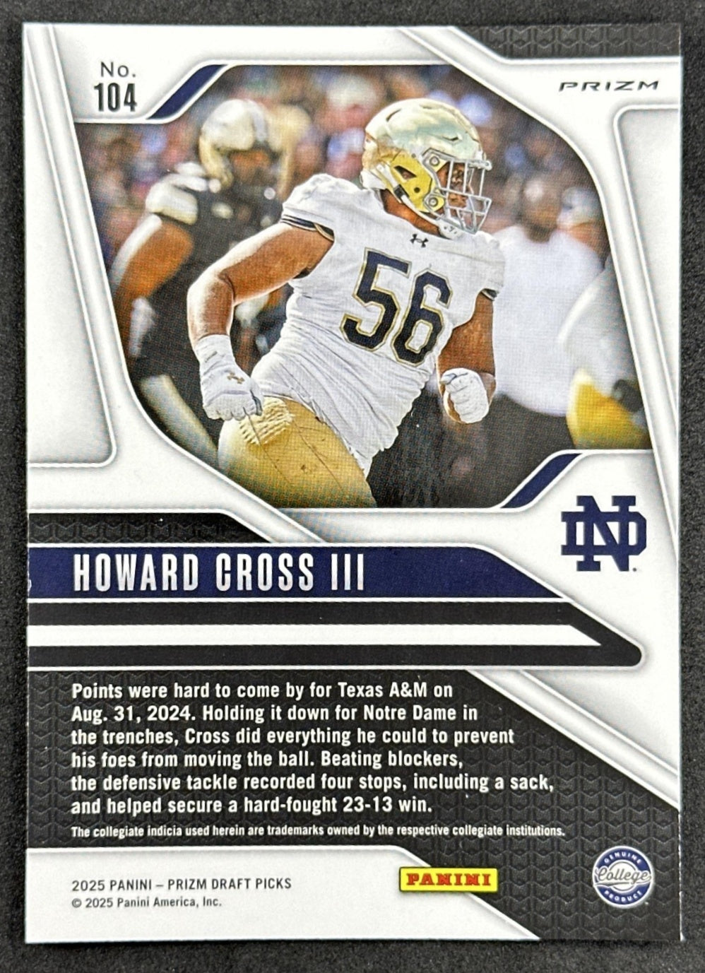 Howard Cross III 2025 Panini Prizm Draft Picks Red Ice Fighting Irish Bengals - Back