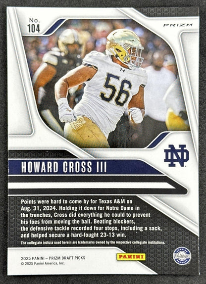 Howard Cross III 2025 Panini Prizm Draft Picks Red Ice Fighting Irish Bengals - Back