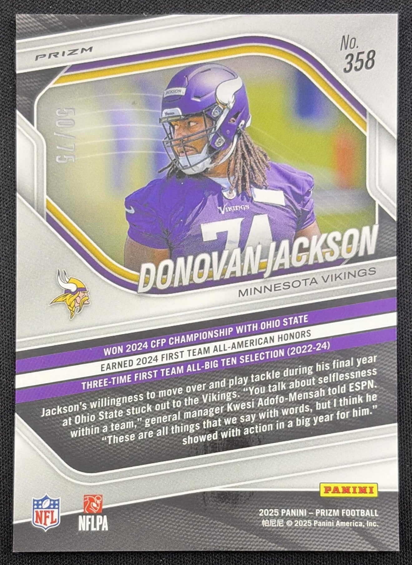 Donovan Jackson 2025 Panini Prizm No Huddle Purple /75 Vikings Minnesota Vikings