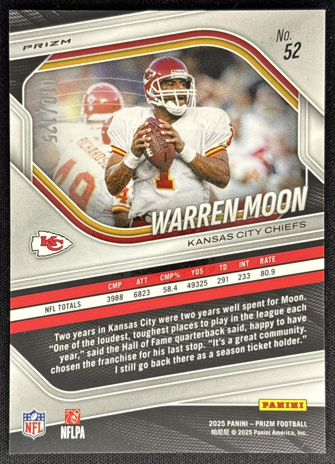 Warren Moon 2025 Panini Prizm No Huddle Blue /125 Chiefs back