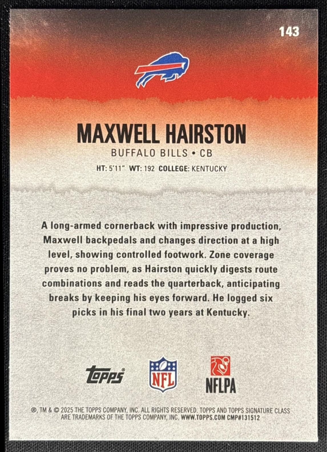 Maxwell Hairston 2025 Topps Signature Class Rookie Blue & Yellow Foil Bills - Back