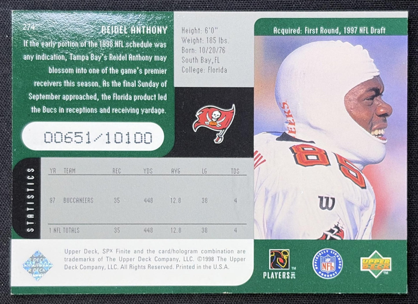 Reidel Anthony 1998 SPx Finite /10100 Buccaneers