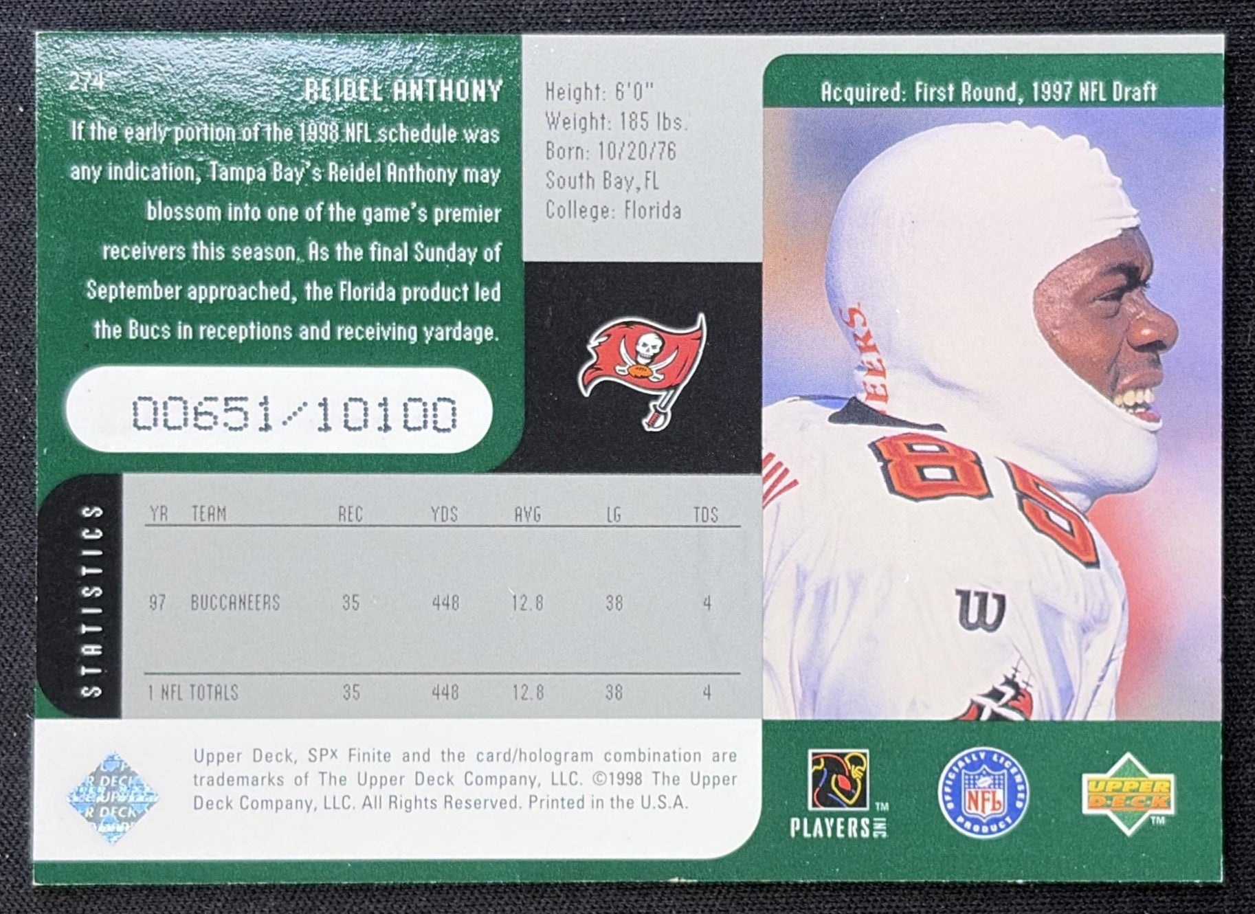 Reidel Anthony 1998 SPx Finite /10100 Buccaneers