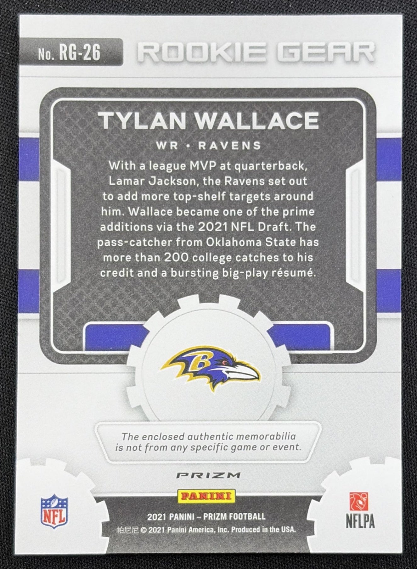 Tylan Wallace 2021 Panini Prizm Rookie Gear Neon Green Pulsar Ravens