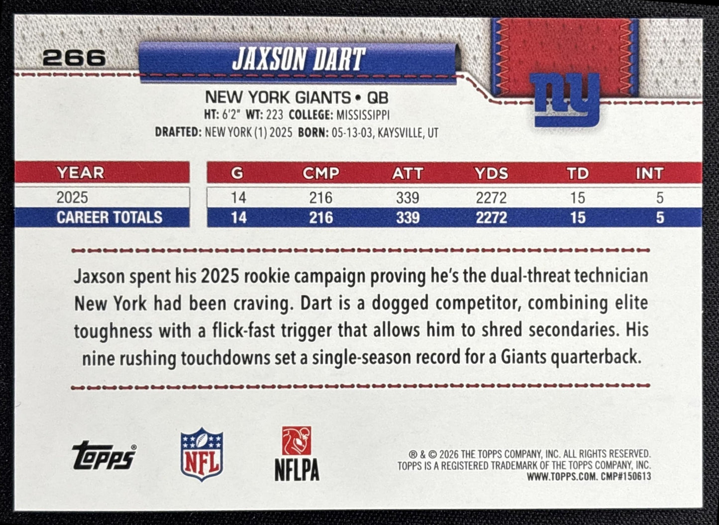 Jaxson Dart 2026 Topps Rainbow Foil Giants
