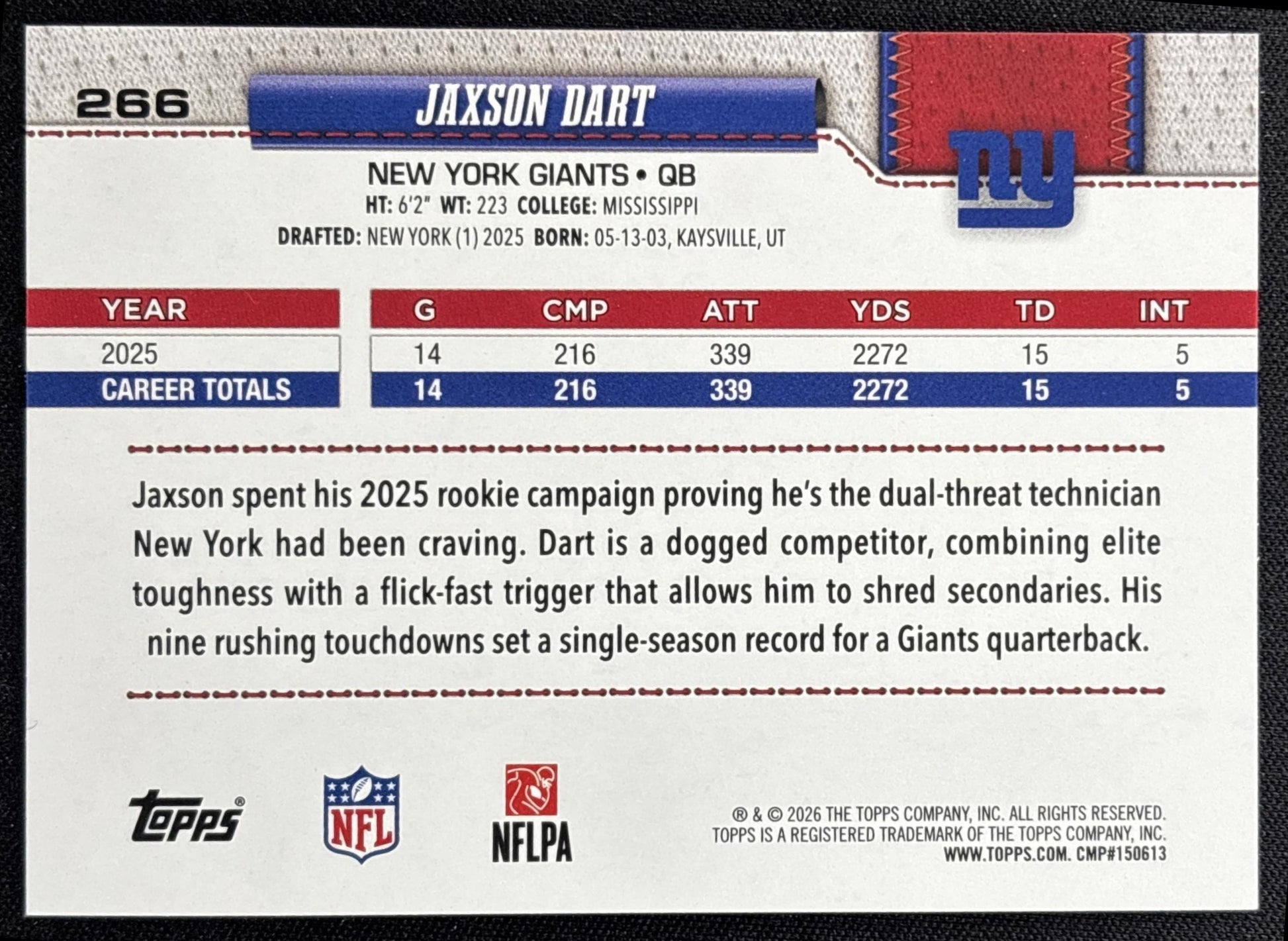 Jaxson Dart 2026 Topps Rainbow Foil Giants