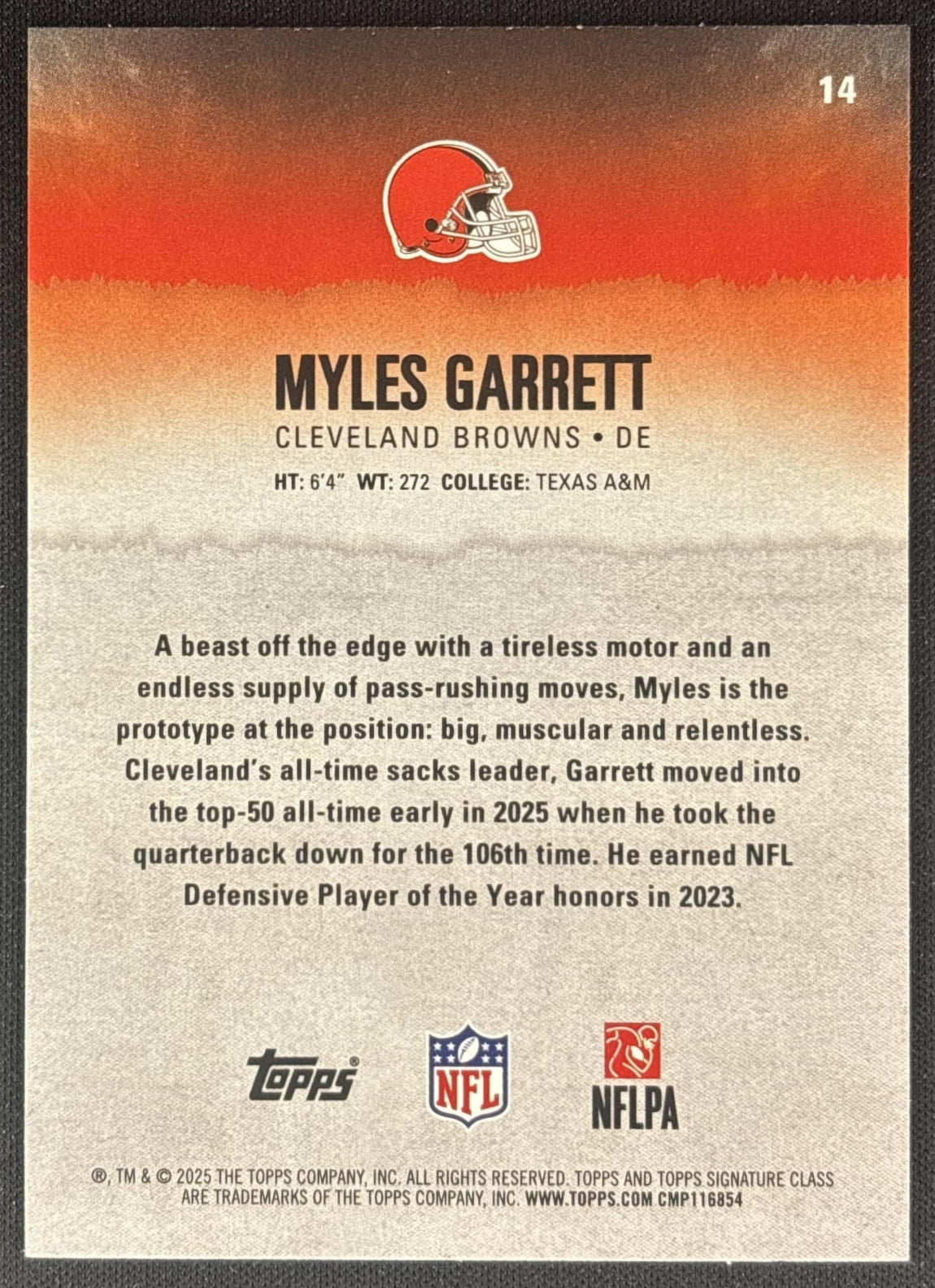 Myles Garrett 2025 Topps Signature Class Veteran Green & Purple Foil Browns back
