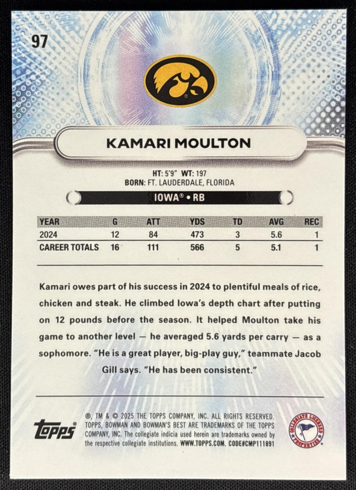 Kamari Moulton 2025 Bowman Best University Shimmer Refractor Hawkeyes