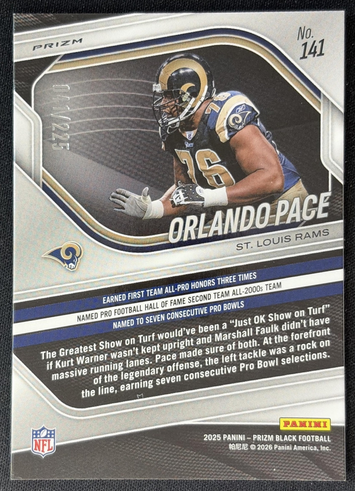 Orlando Pace 2025 Panini Prizm Black Football /225 Rams back