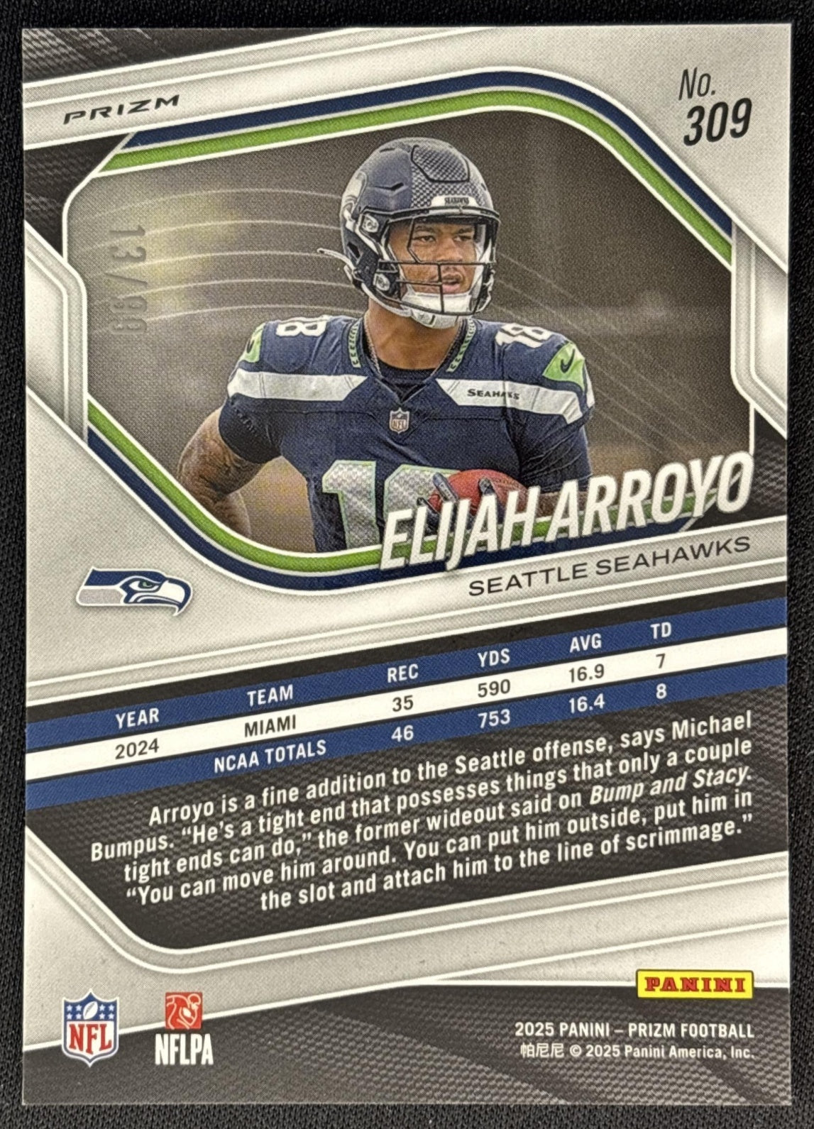 Elijah Arroyo 2025 Panini Prizm Blue Ice /99 Seahawks back