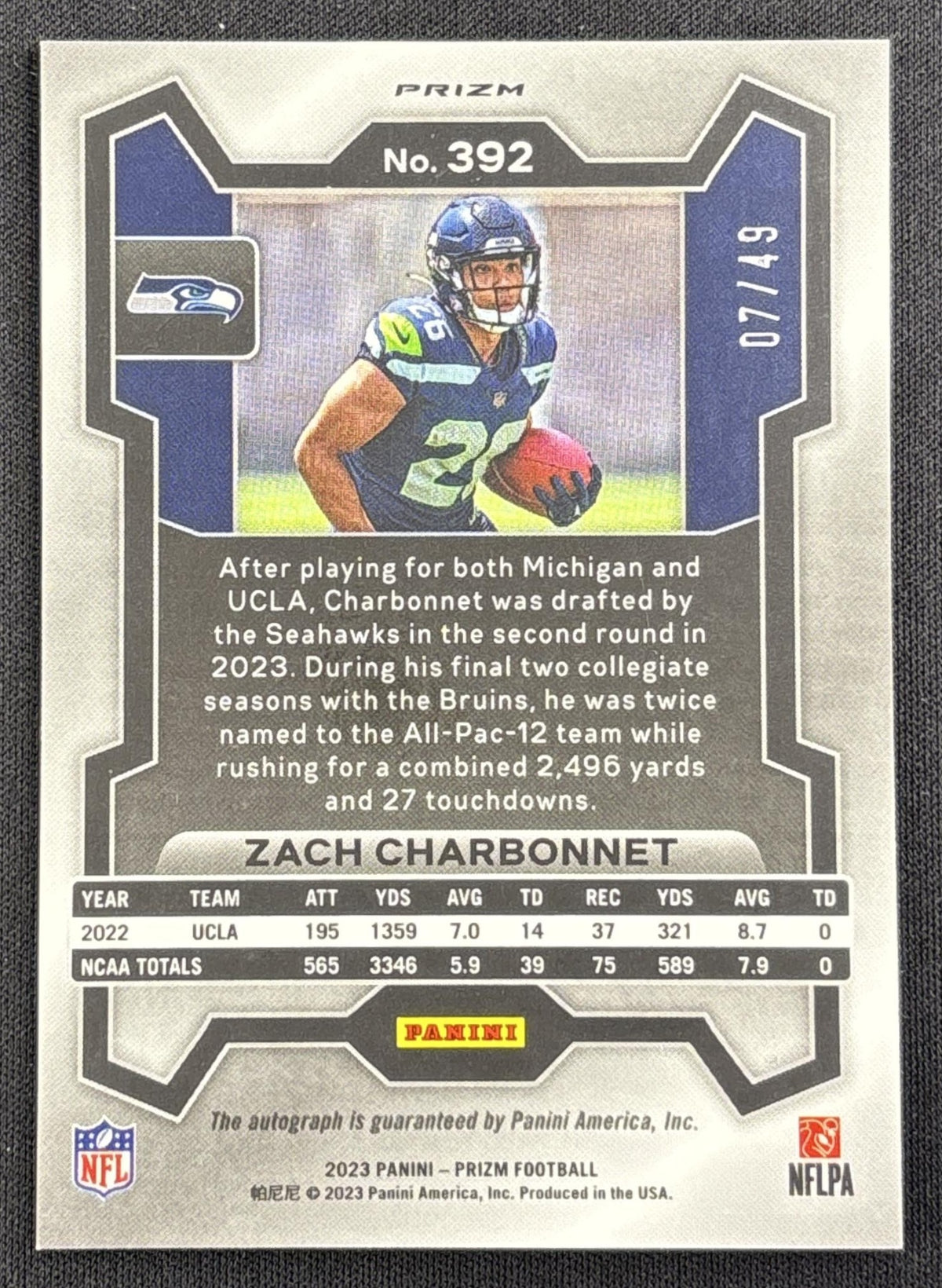 Zach Charbonnet 2023 Panini Prizm Rookie Auto Purple Power /49 Seahawks