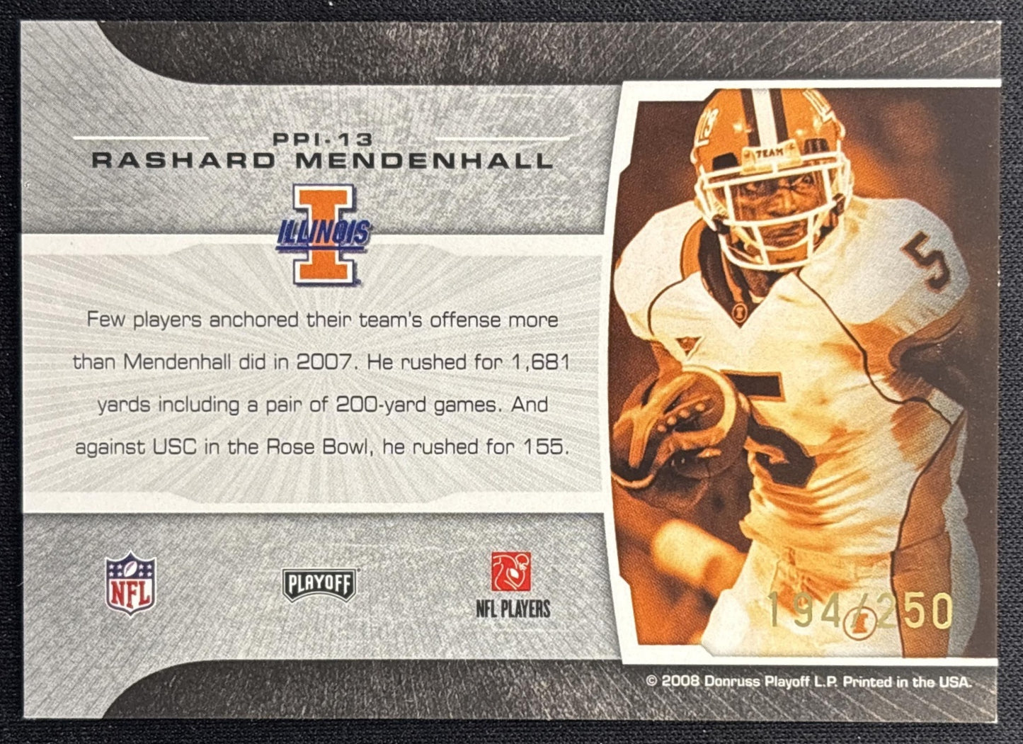 Rashard Mendenhall 2008 Playoff Prestige Prestigious Picks Purple /250 back