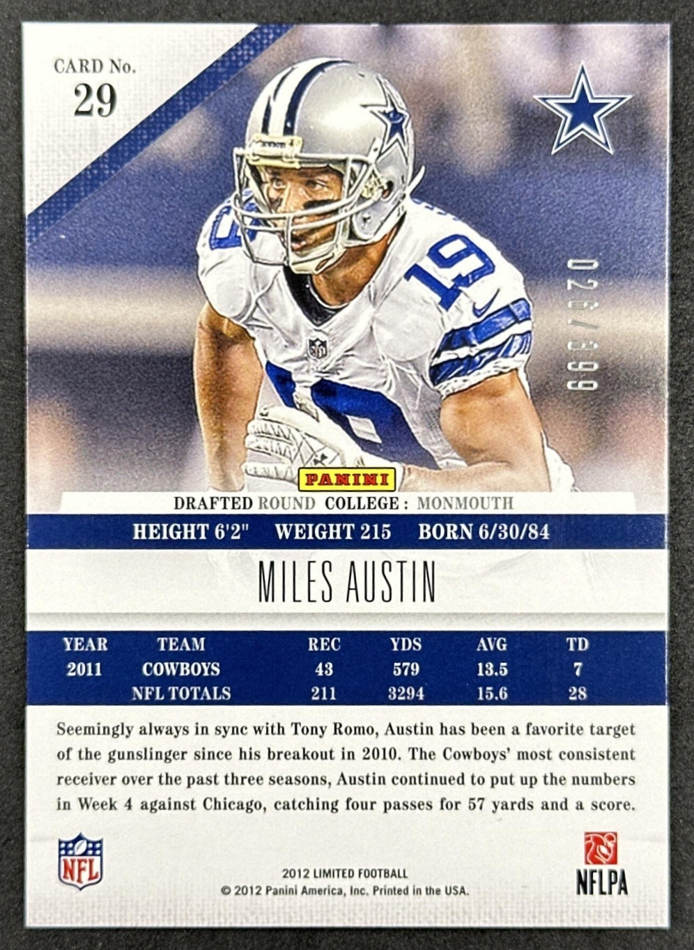 Miles Austin 2012 Panini Limited /399 Cowboys back