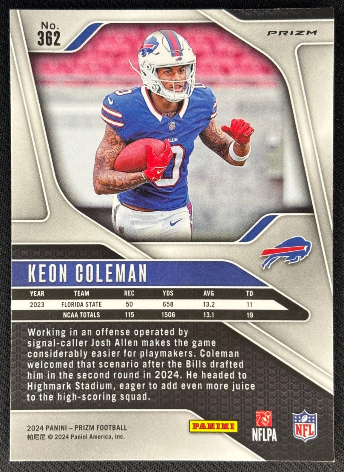 Keon Coleman 2024 Prizm Snakeskin Rookie Bills - Back (Wayne Collection)