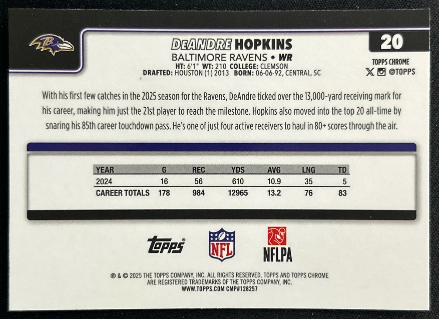 DeAndre Hopkins 2025 Topps Chrome Ravens Sports Trading Cards