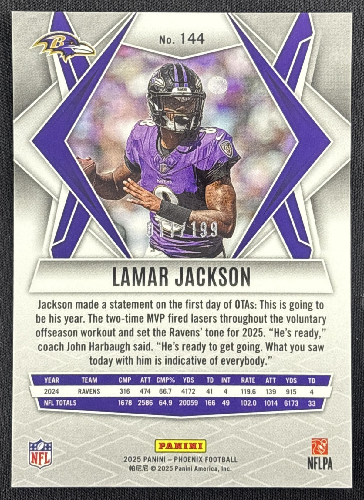 Lamar Jackson 2025 Panini Phoenix Red Lazer Prizm /199 Ravens