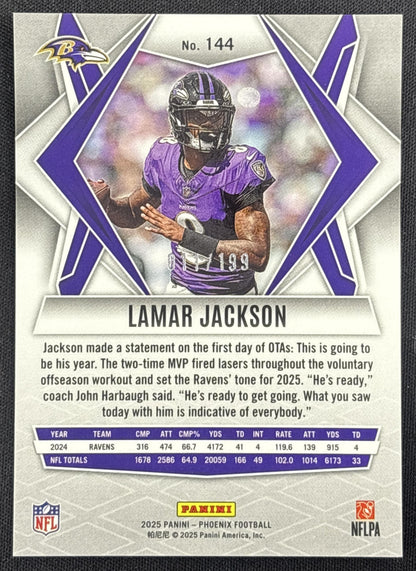 Lamar Jackson 2025 Panini Phoenix Red Lazer Prizm /199 Ravens