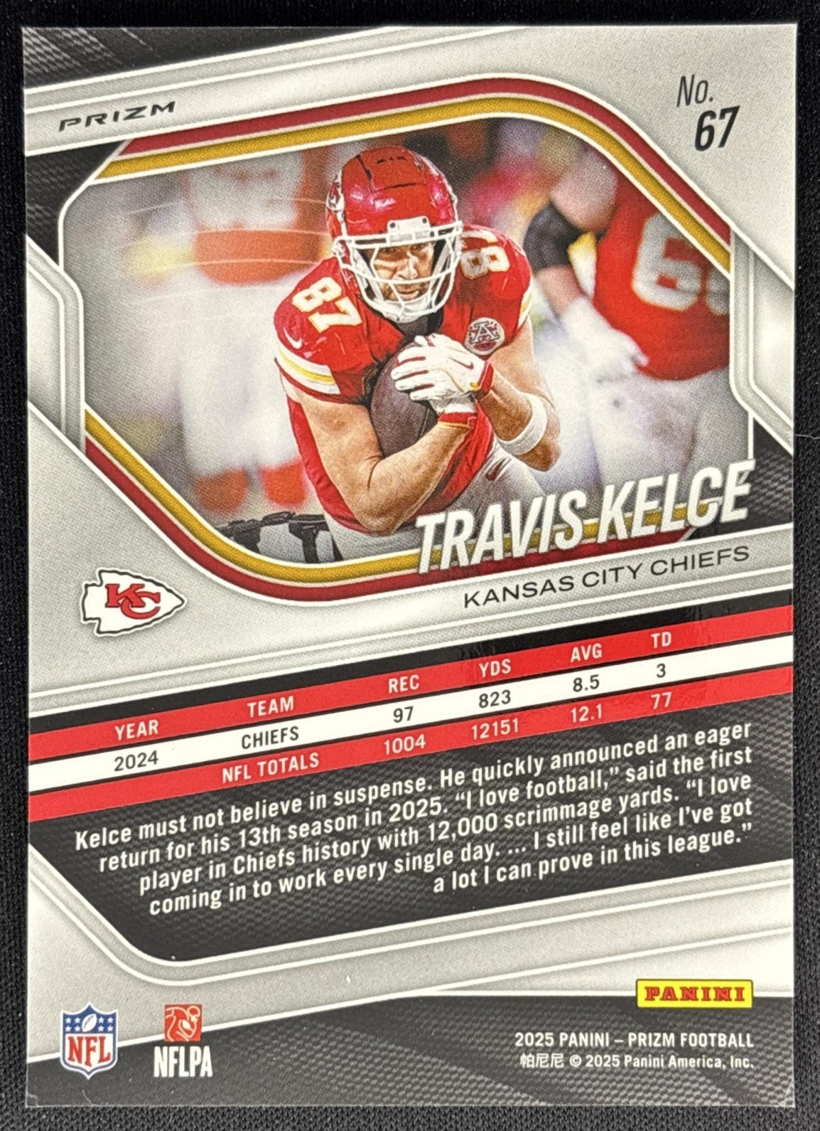 Travis Kelce 2025 Panini Prizm Green Flash Chiefs back