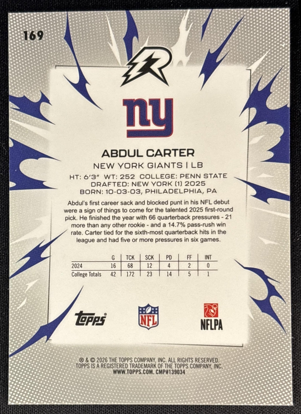 Abdul Carter 2025 Topps Resurgence Sky Blue and Pink Shock Refractor Giants New York Giants Sports Trading Cards