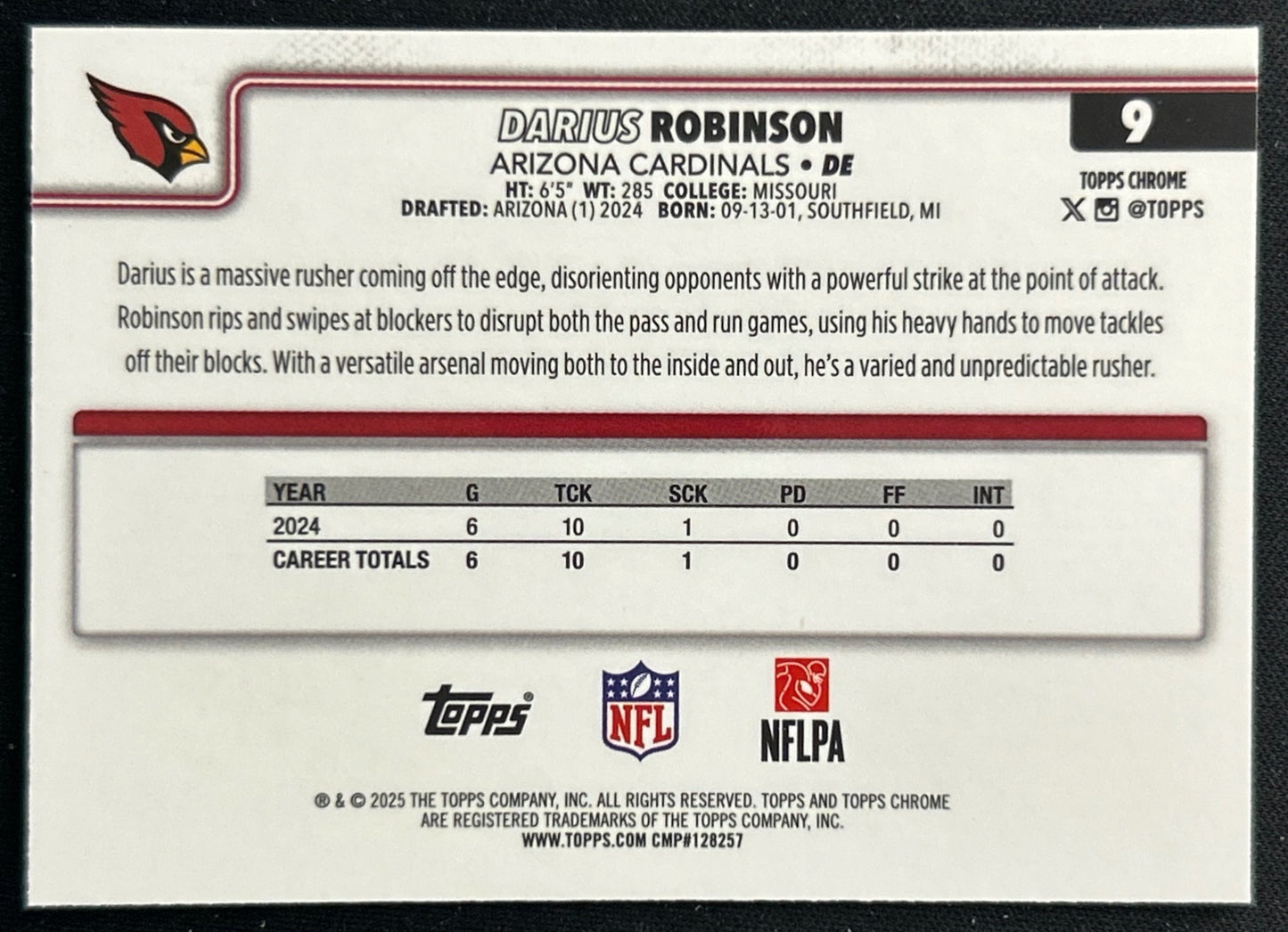 Darius Robinson 2025 Topps Chrome Cardinals Sports Trading Cards