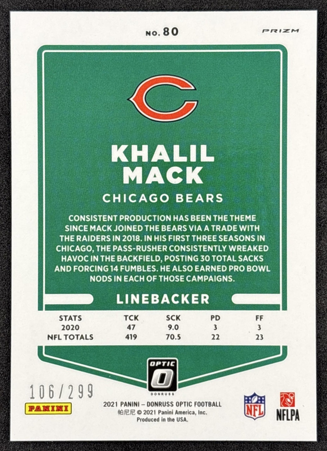 Khalil Mack 2021 Panini Donruss Optic Wave /299 Bears back