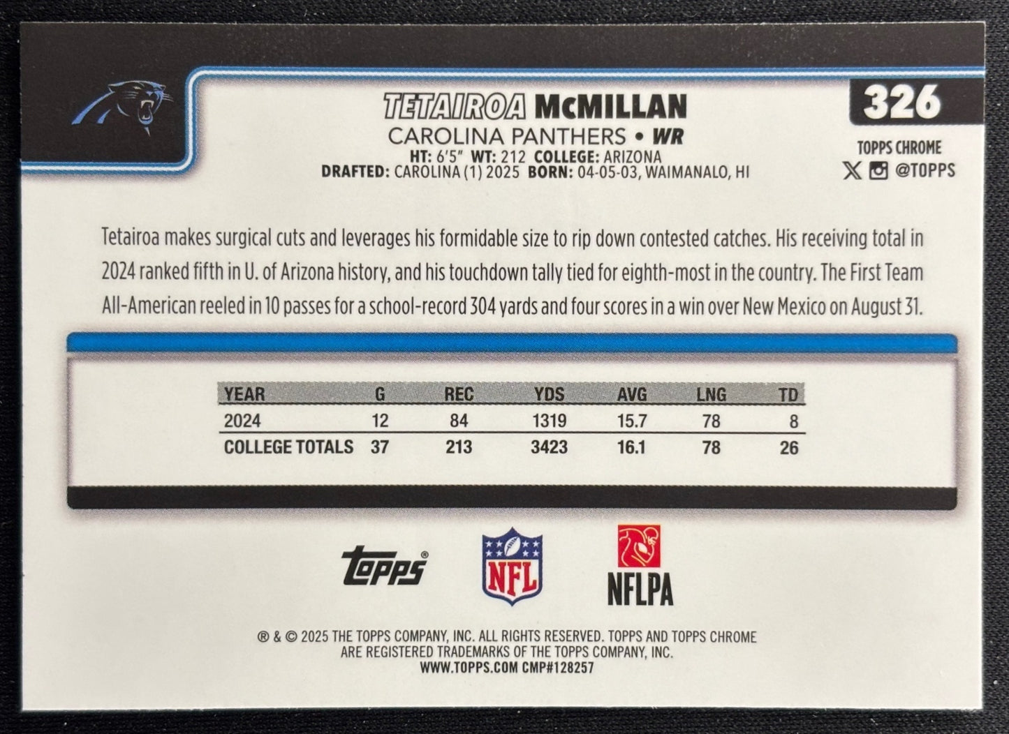 Tetairoa McMillan 2025 Topps Chrome Rookie Panthers Sports Trading Cards