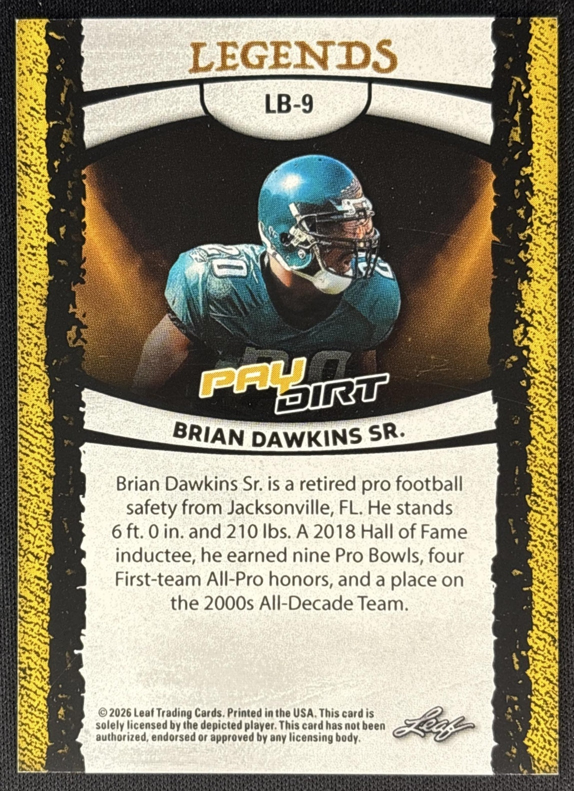Brian Dawkins Sr. 2026 Leaf Paydirt Legends Platinum /7 back
