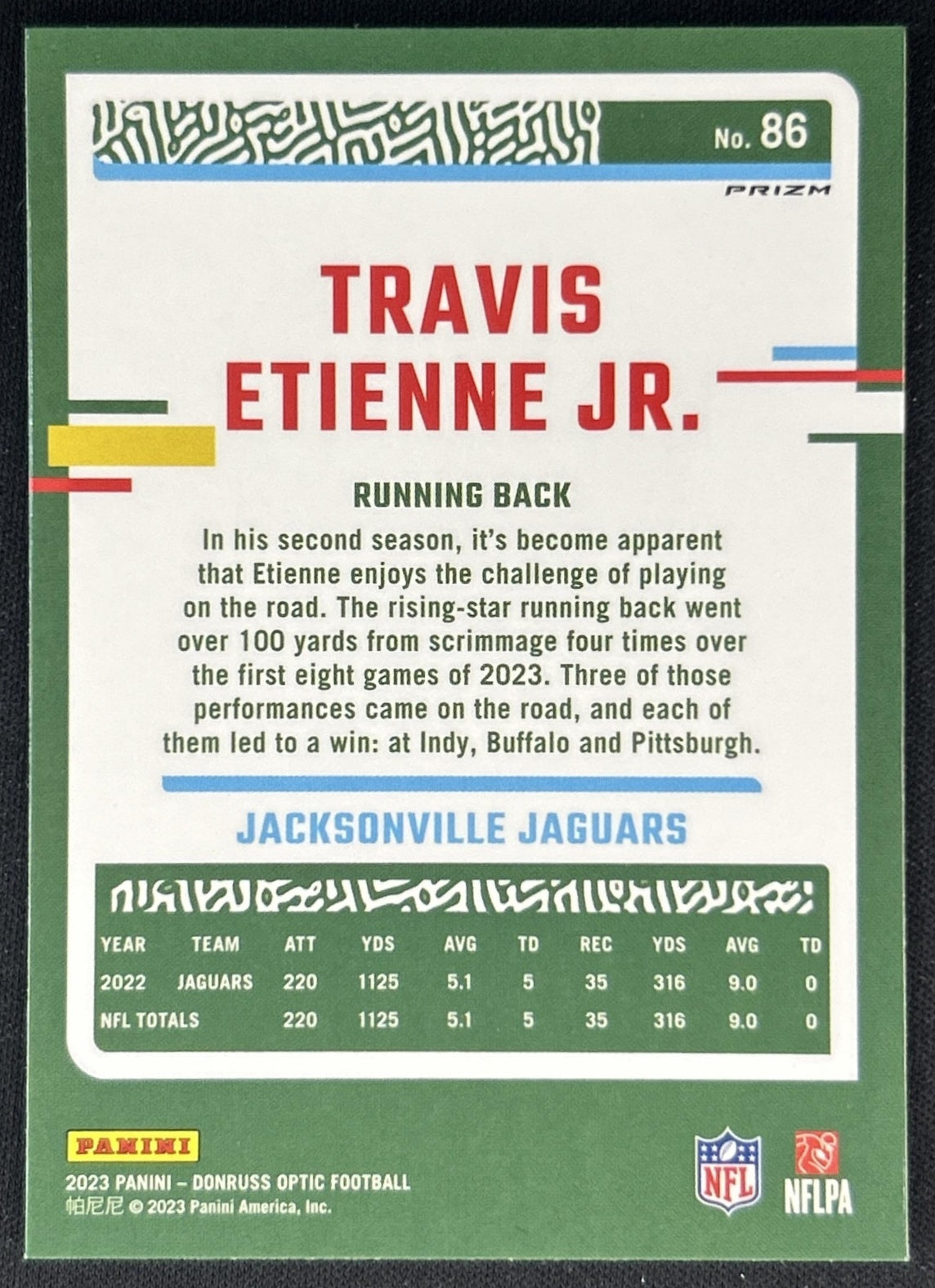 Travis Etienne Jr. 2023 Panini Donruss Optic Blue Stars Prizm Jaguars Back