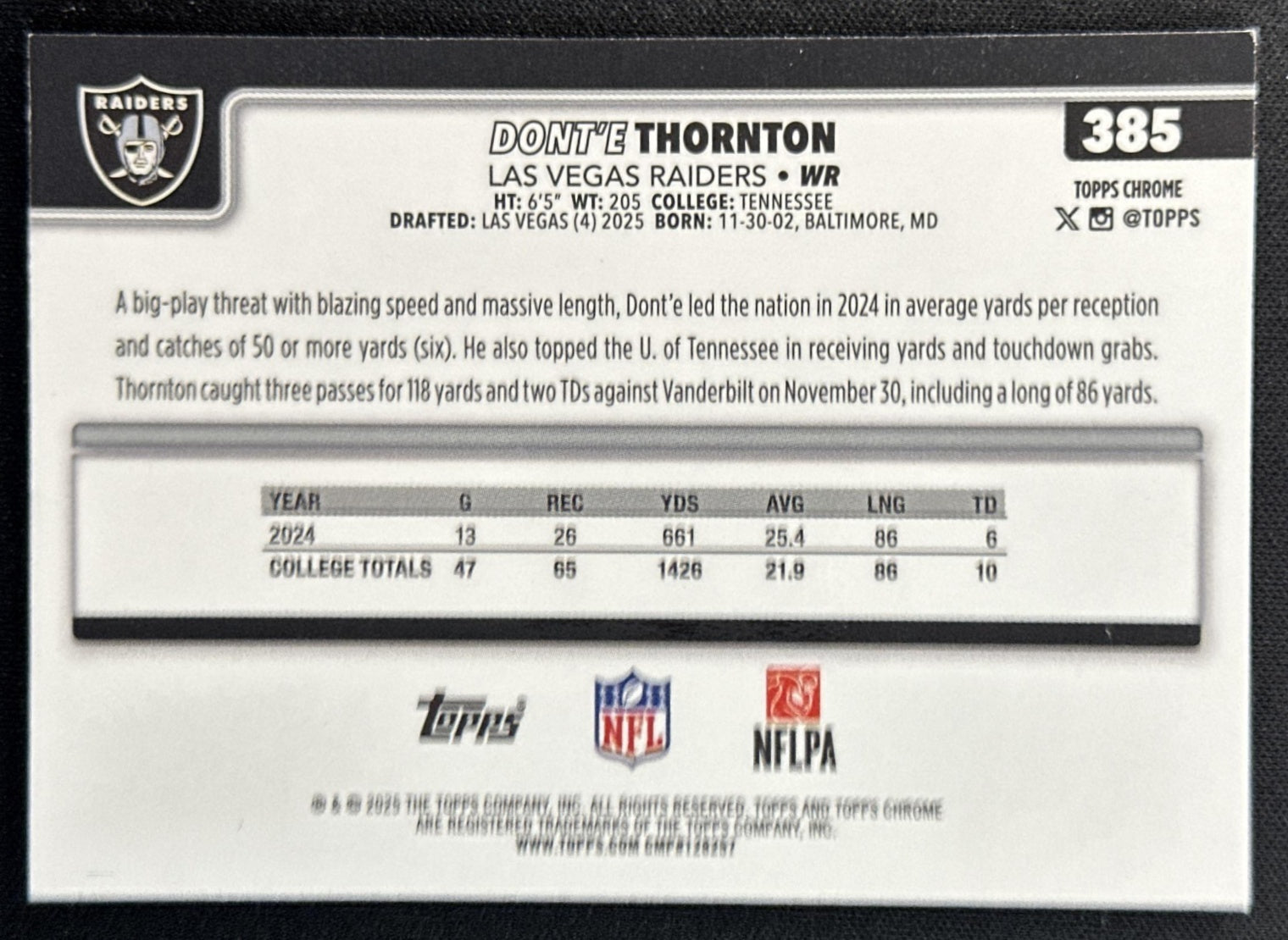 Dont'e Thornton Jr. 2025 Topps Chrome Rookie Blue Refractor /150 Raiders