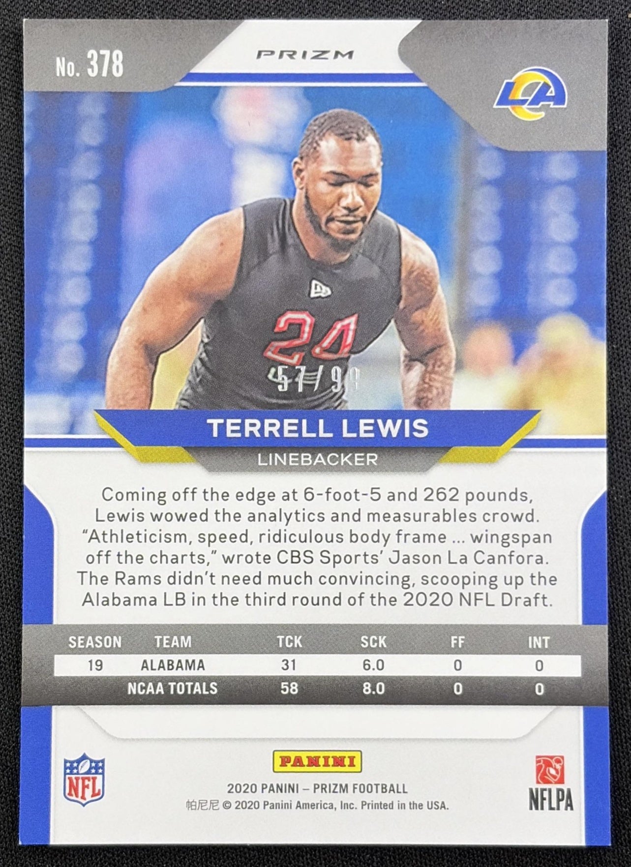 Terrell Lewis 2020 Panini Prizm Blue Ice /99 Rams