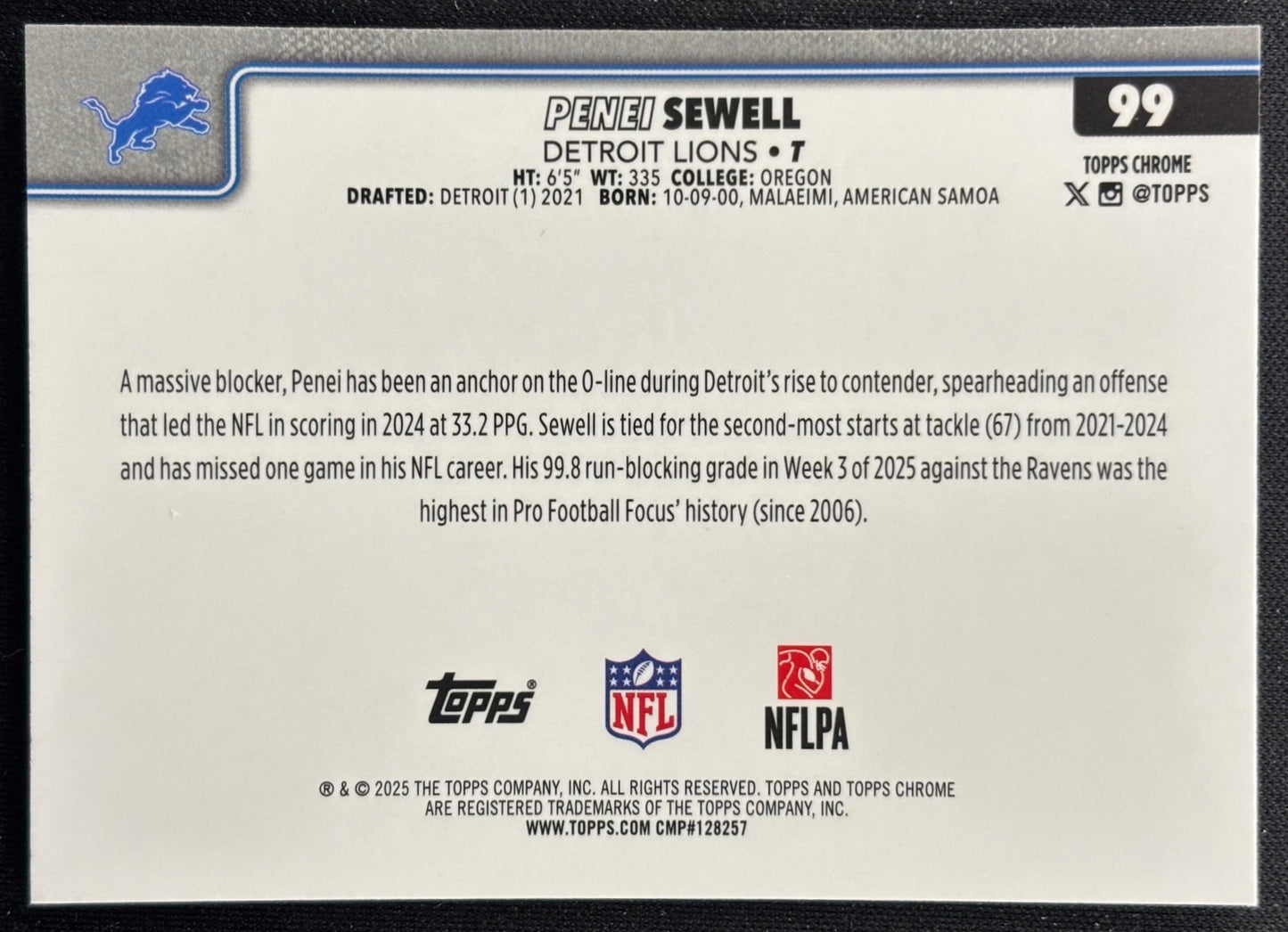Penei Sewell 2025 Topps Chrome RayWave Refractor Lions Sports Trading Cards