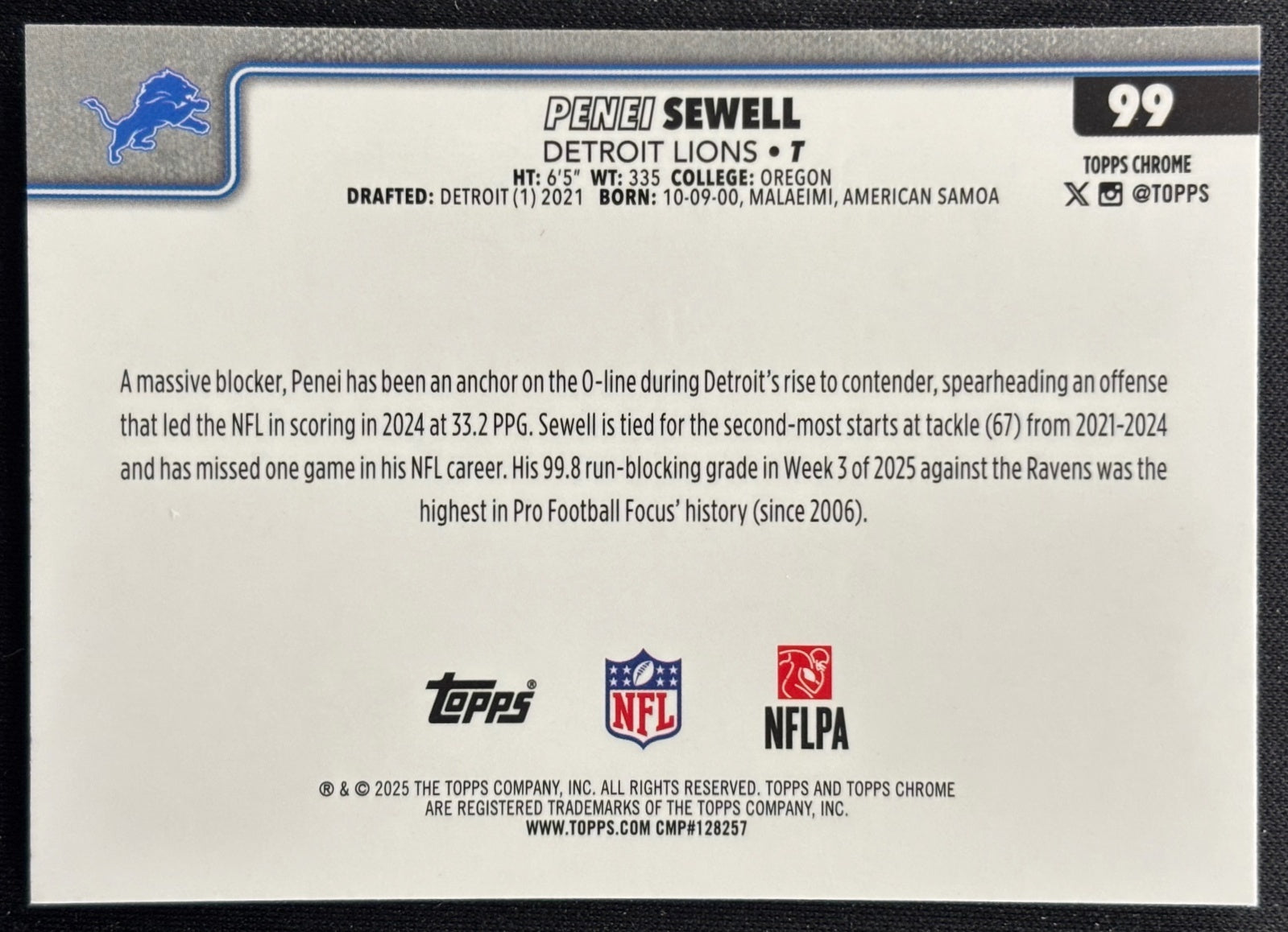 Penei Sewell 2025 Topps Chrome RayWave Refractor Lions Sports Trading Cards