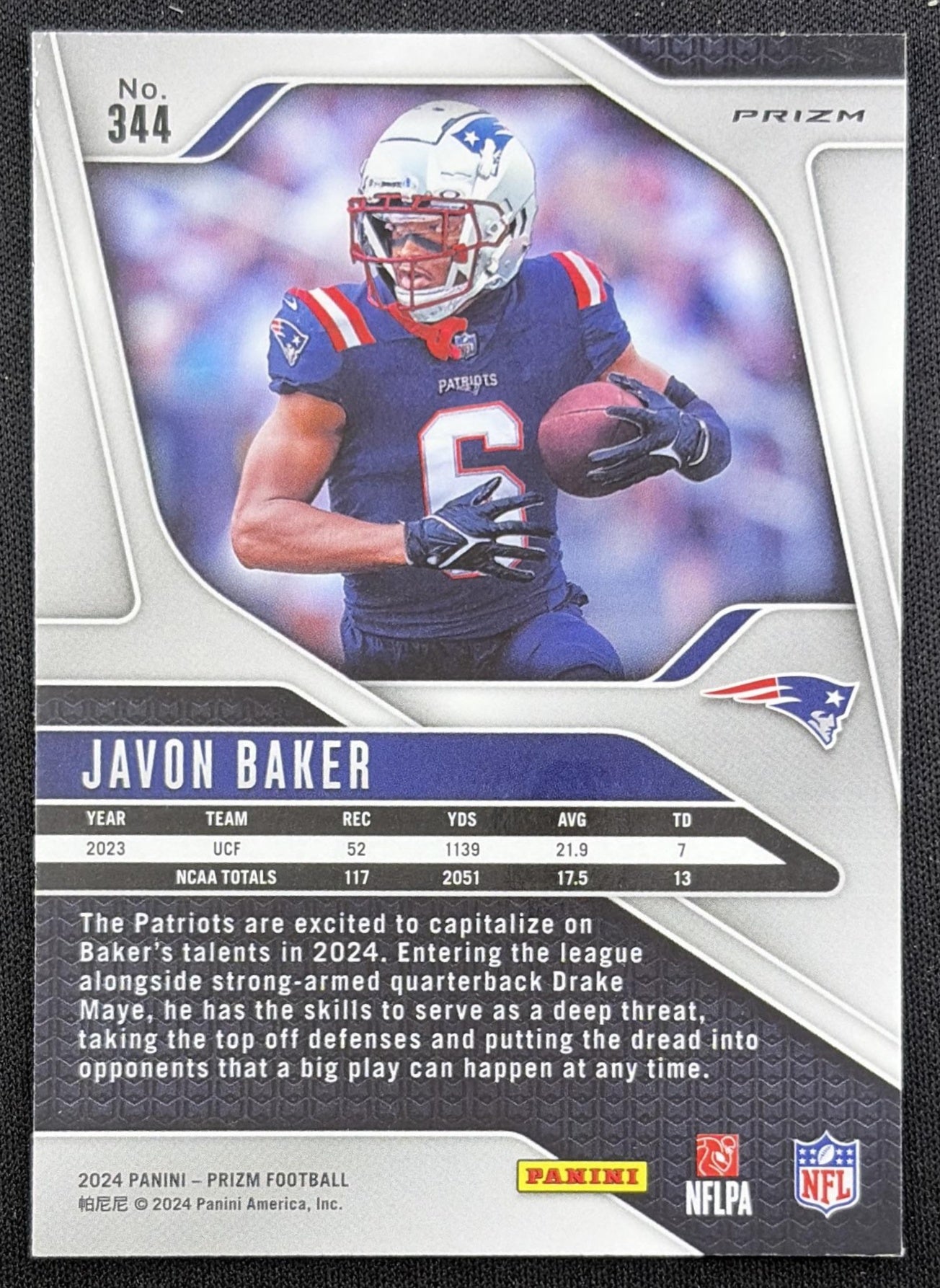 Javon Baker 2024 Panini Prizm Green Wave Patriots back