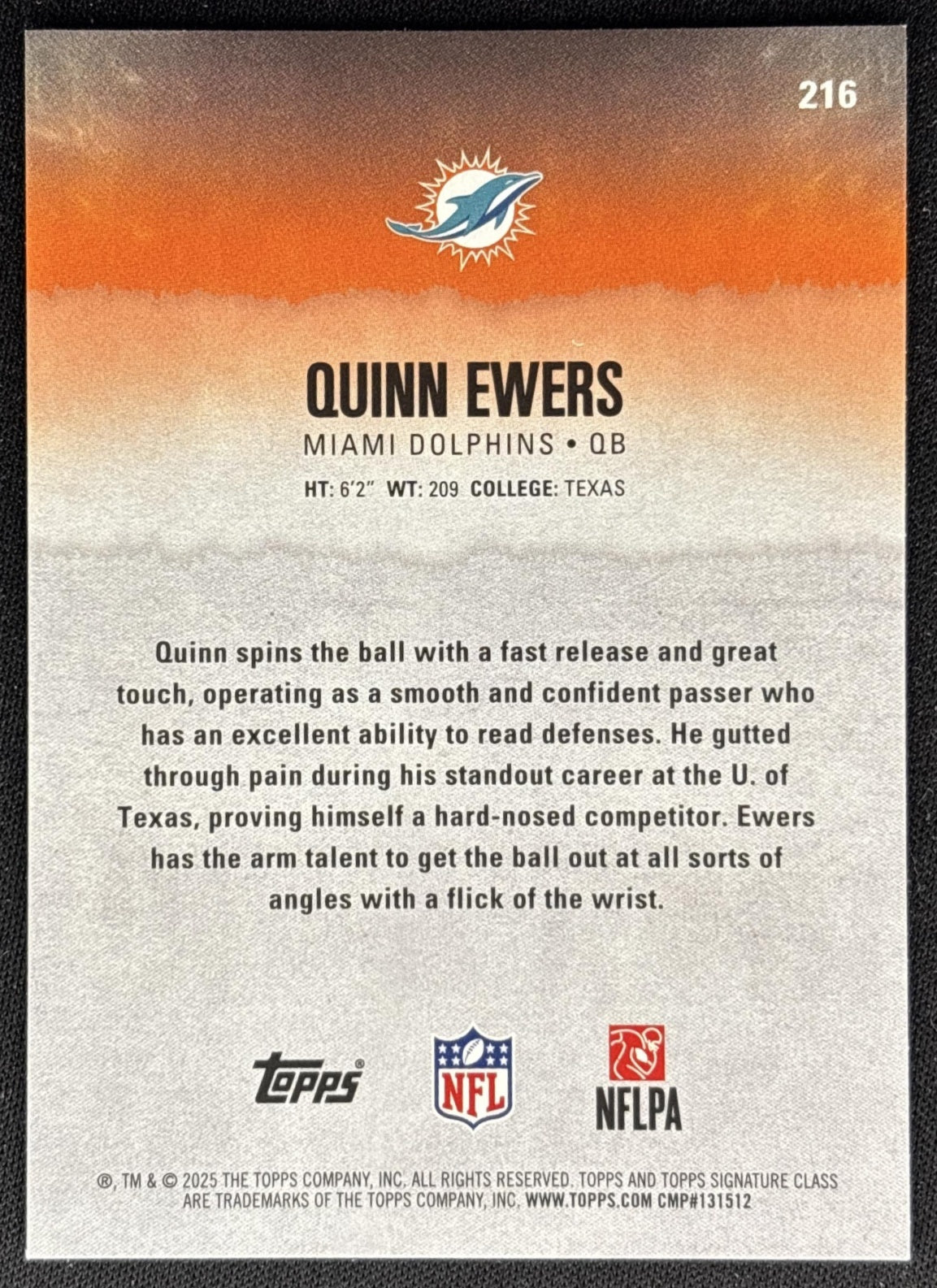 Quinn Ewers 2025 Topps Signature Class Rookie Dolphins back
