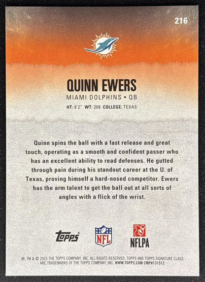 Quinn Ewers 2025 Topps Signature Class Rookie Dolphins back