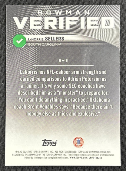 LaNorris Sellers 2026 Bowman Verified Gamecocks back