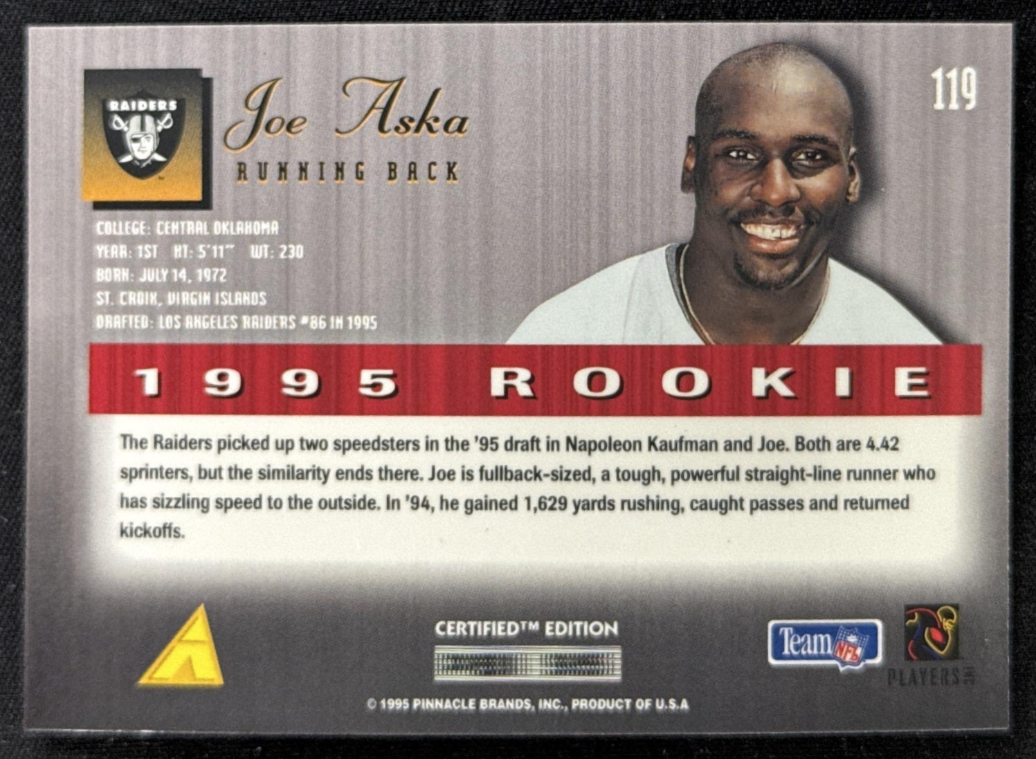 Joe Aska 1995 Pinnacle Select Certified Raiders Sports Trading Card