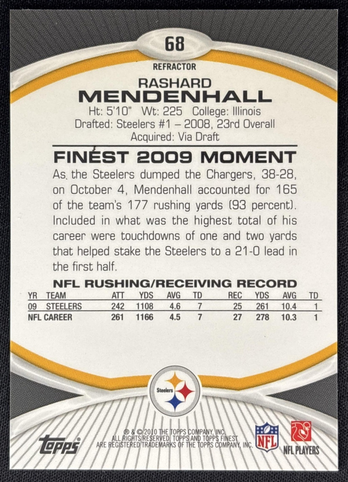Rashard Mendenhall 2011 Topps Finest Red Refractor /25 Steelers back