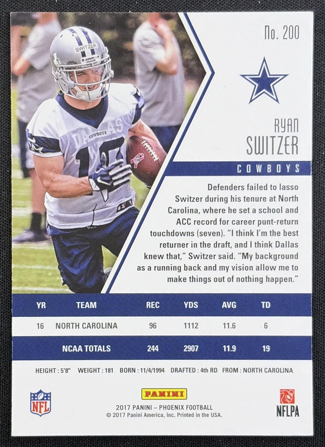 Ryan Switzer 2017 Panini Phoenix Cowboys back