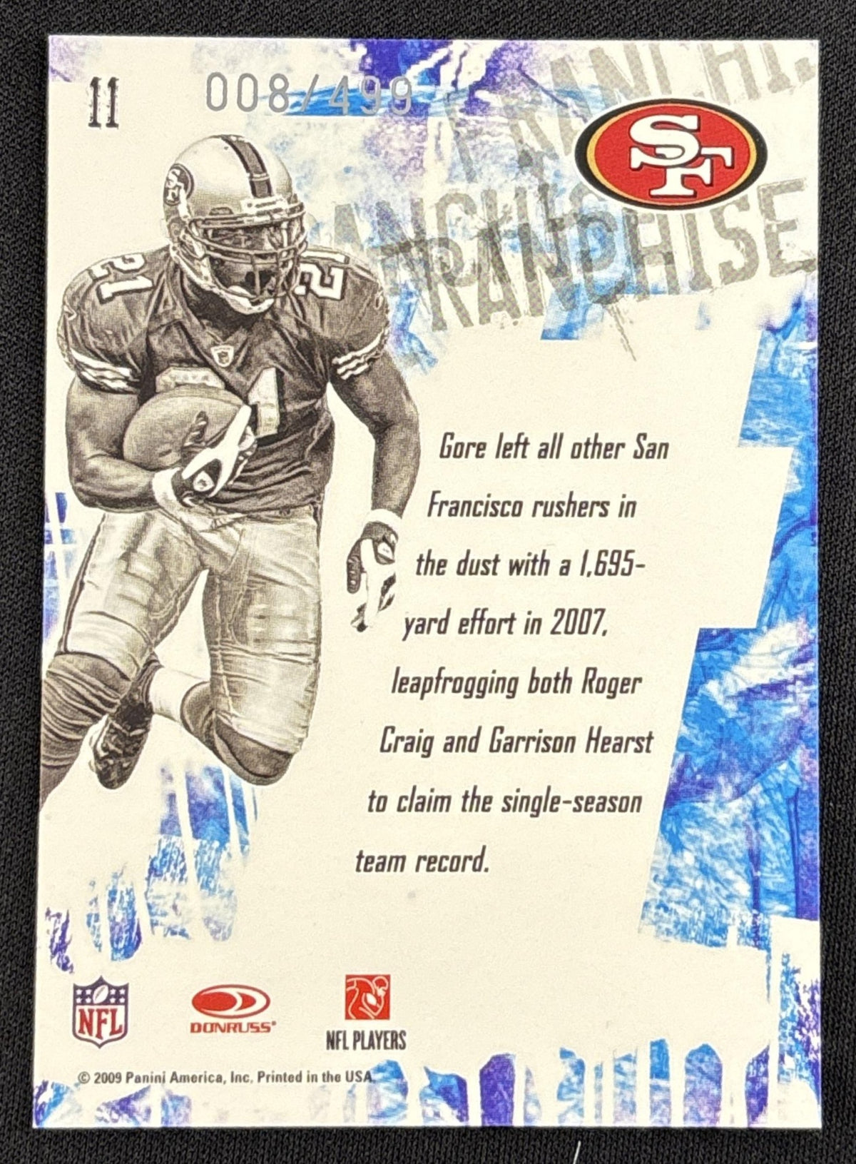 Frank Gore 2009 Panini Score Inscriptions Franchise /499 49ers Sports Trading Card