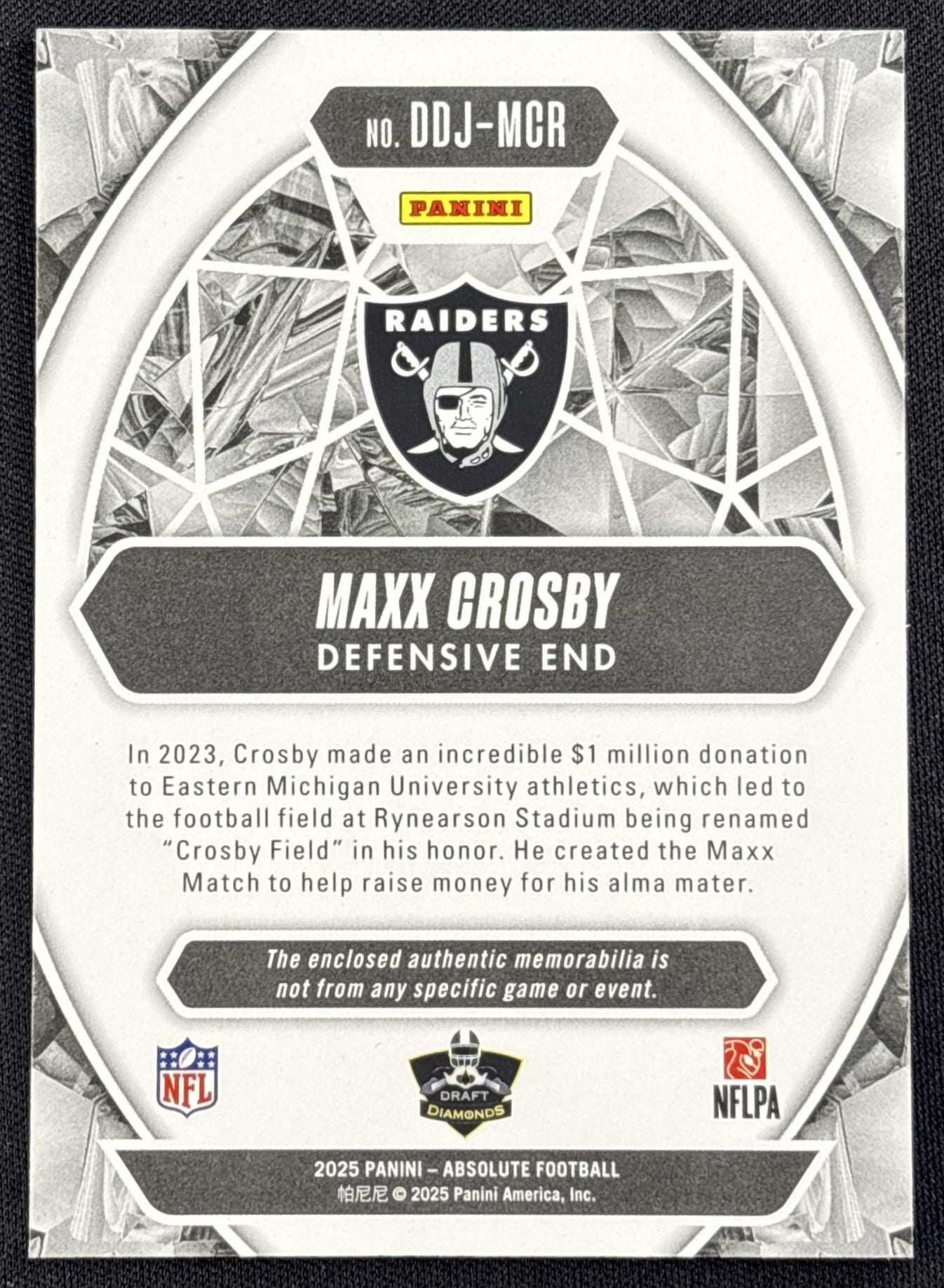 Maxx Crosby 2025 Panini Absolute Draft Diamonds Jersey Raiders