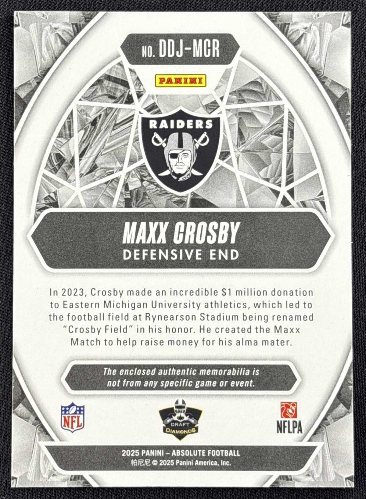 Maxx Crosby 2025 Panini Absolute Draft Diamonds Jersey Raiders