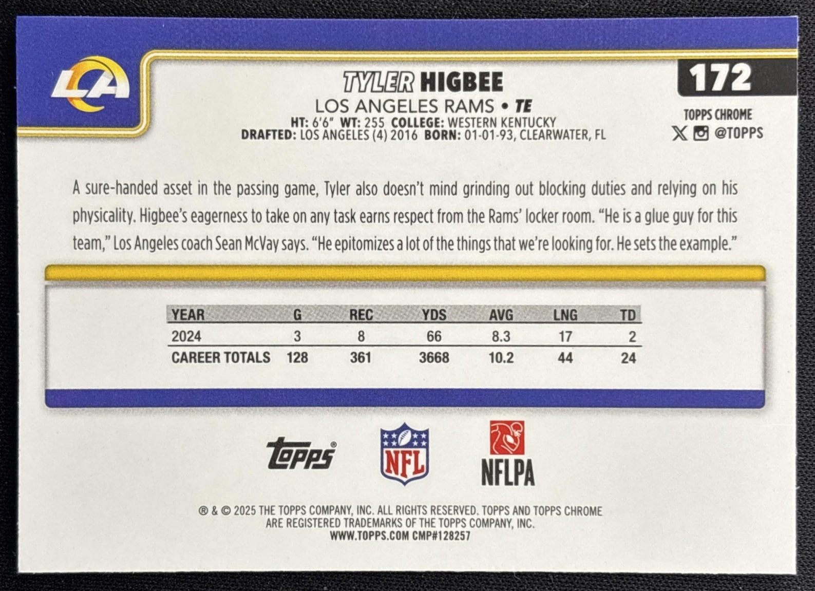 Tyler Higbee 2025 Topps Chrome Pulsar Refractor Rams back
