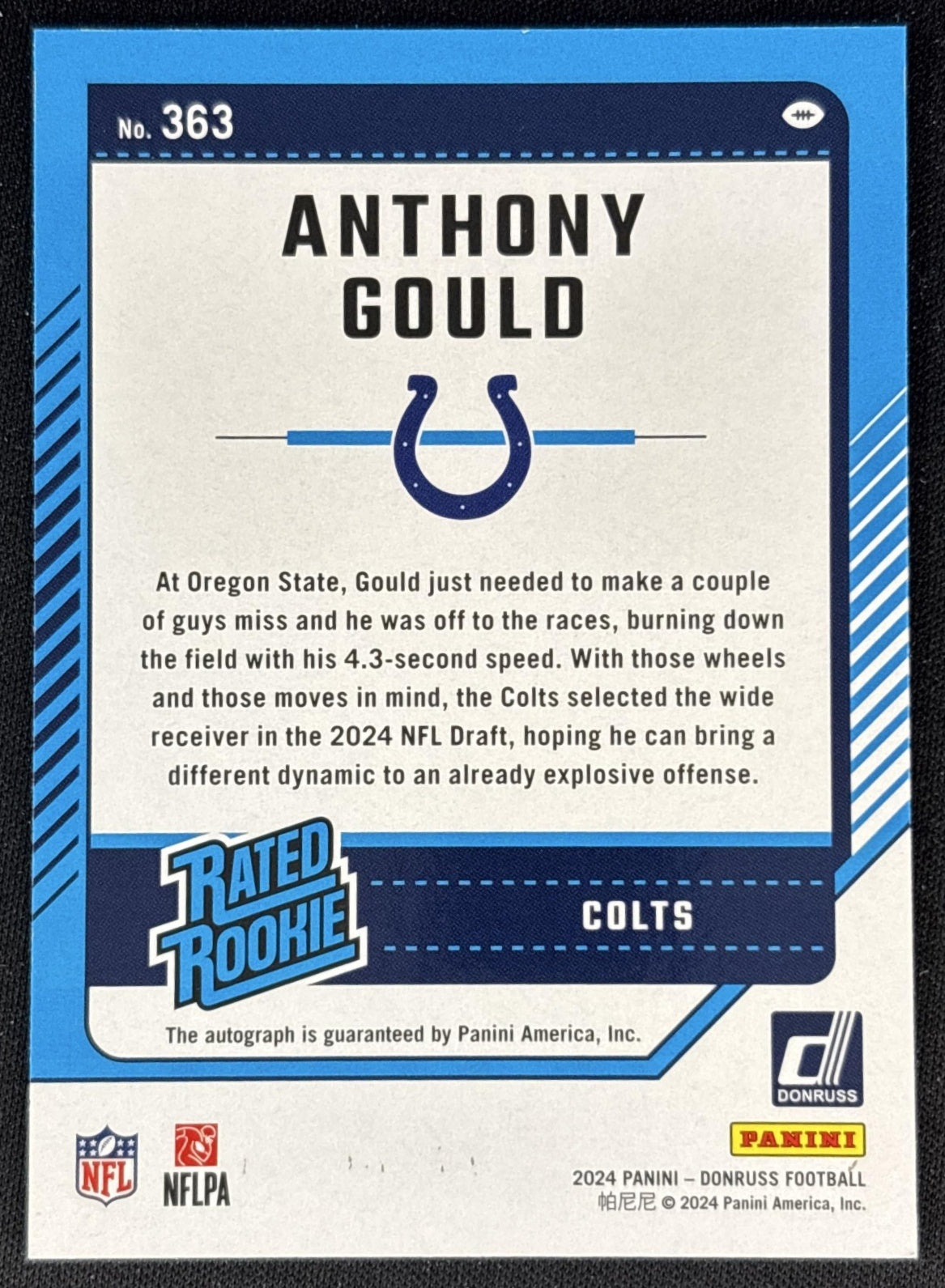 Anthony Gould 2024 Panini Donruss Press Proof Green Auto Colts Back
