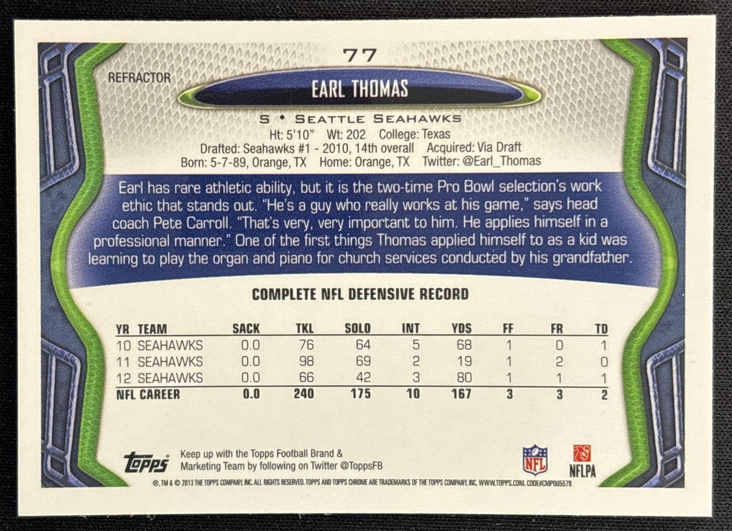 Earl Thomas 2013 Topps Chrome Orange Refractor Seahawks - Seattle Seahawks