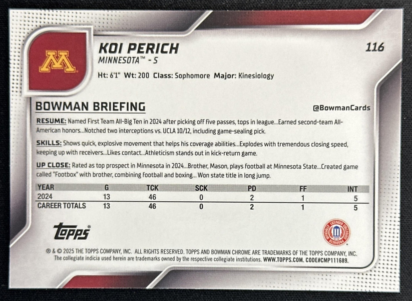 Koi Perich 2025 Chrome University Prospects Lime Green Refractor /275 Golden Gophers