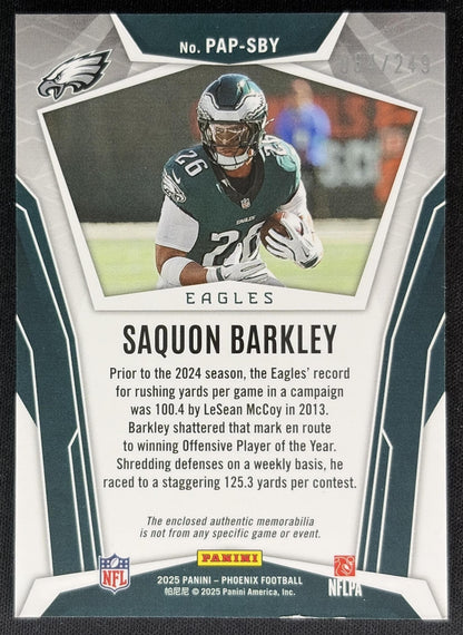 Saquon Barkley 2025 Panini Phoenix Pandora Patch Red Prizm /249 Eagles Sports Trading Cards