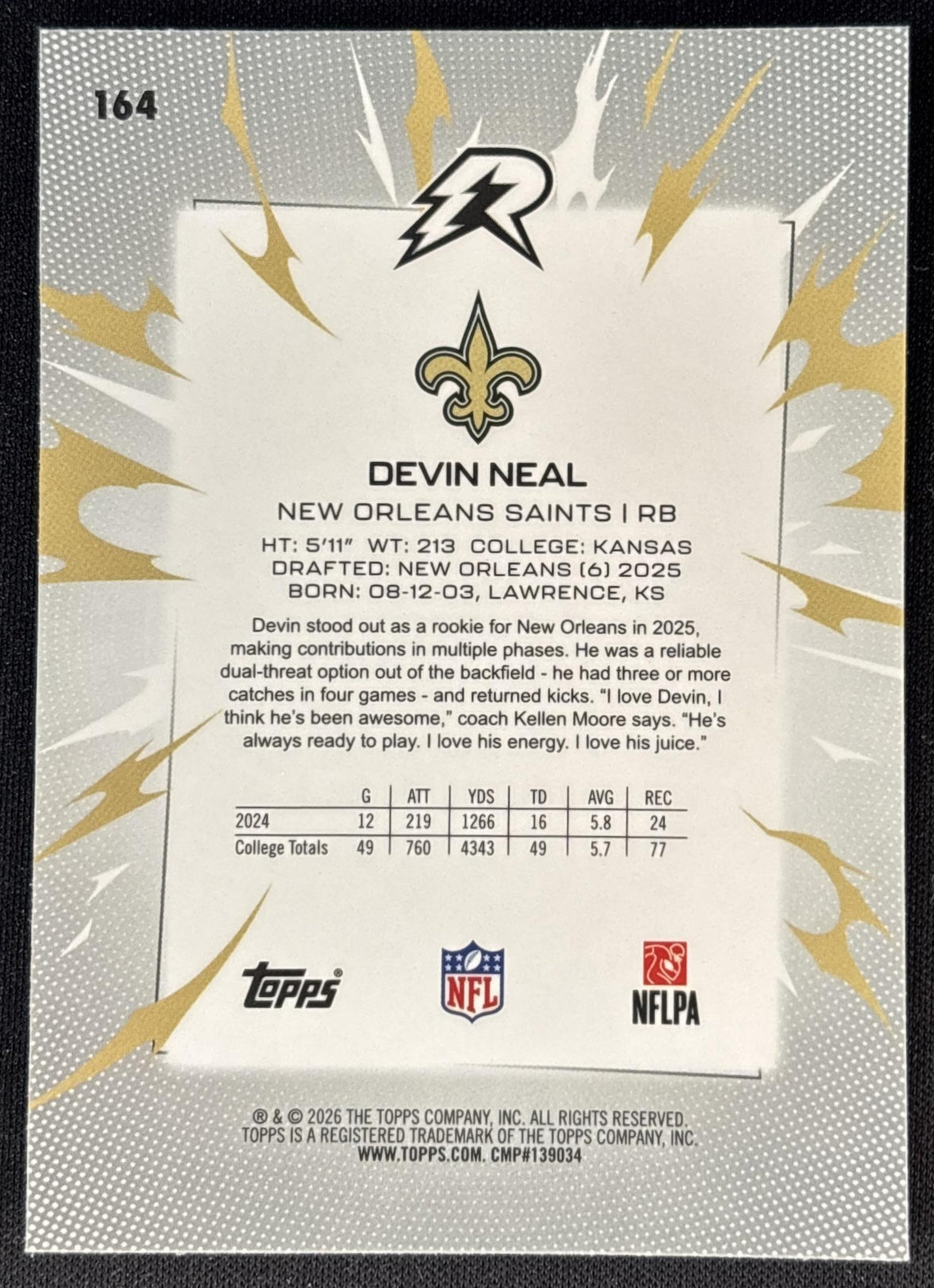 Devin Neal 2025 Topps Resurgence Saints Sports Trading Cards