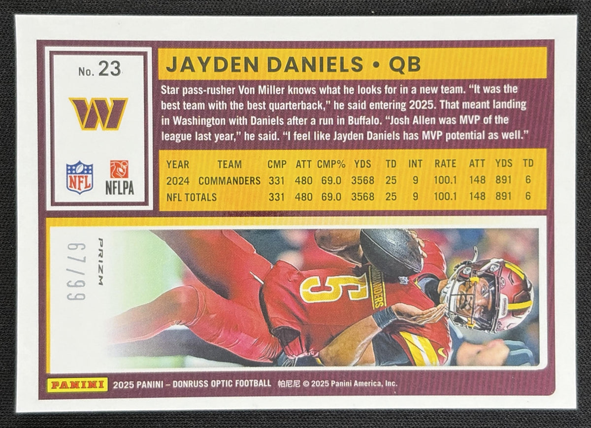 Jayden Daniels 2025 Panini Donruss Optic Pink Velocity Prizm /99 Commanders