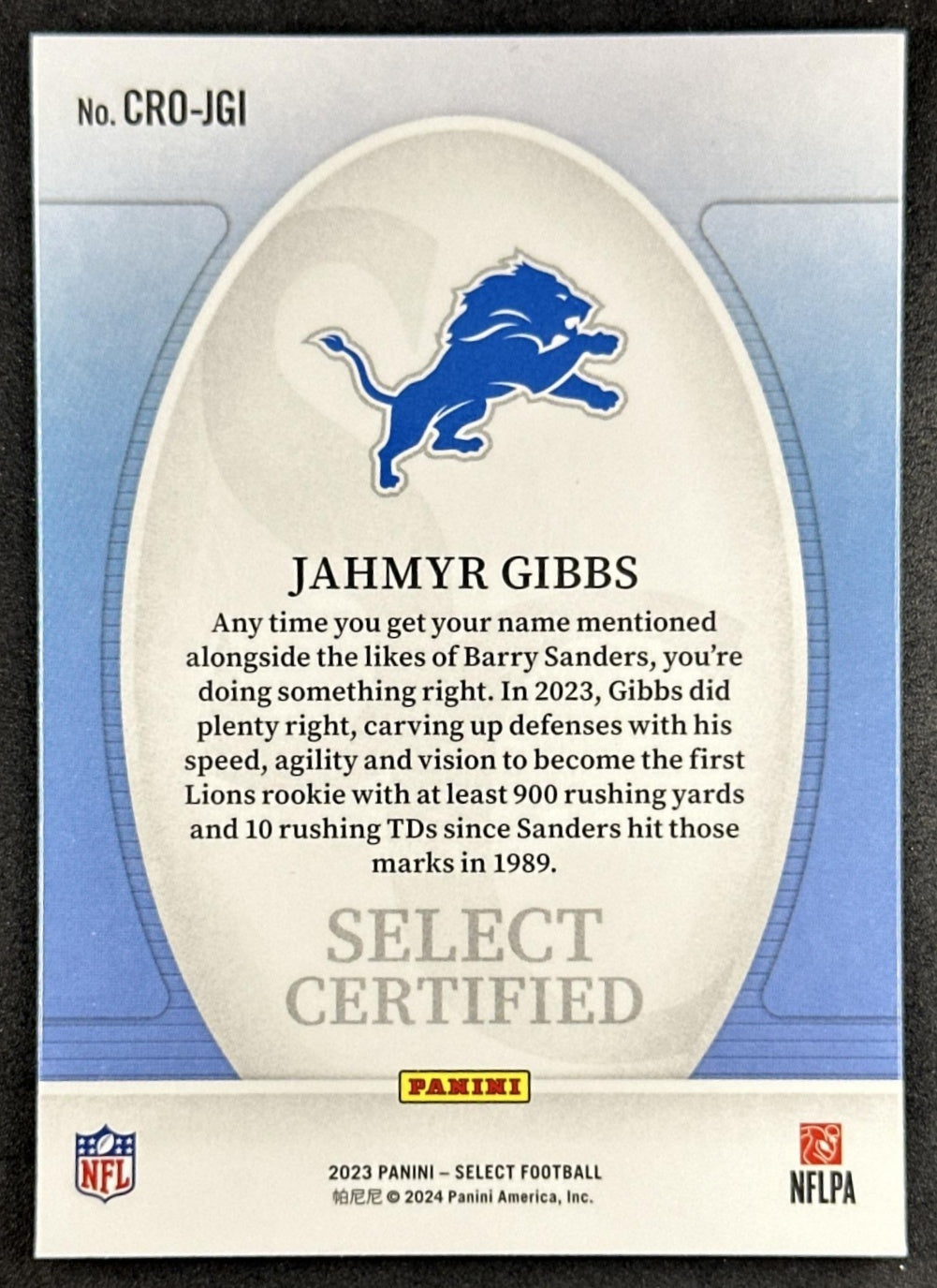 Jahmyr Gibbs 2023 Panini Select Certified Rookies Lions Sports Trading Card